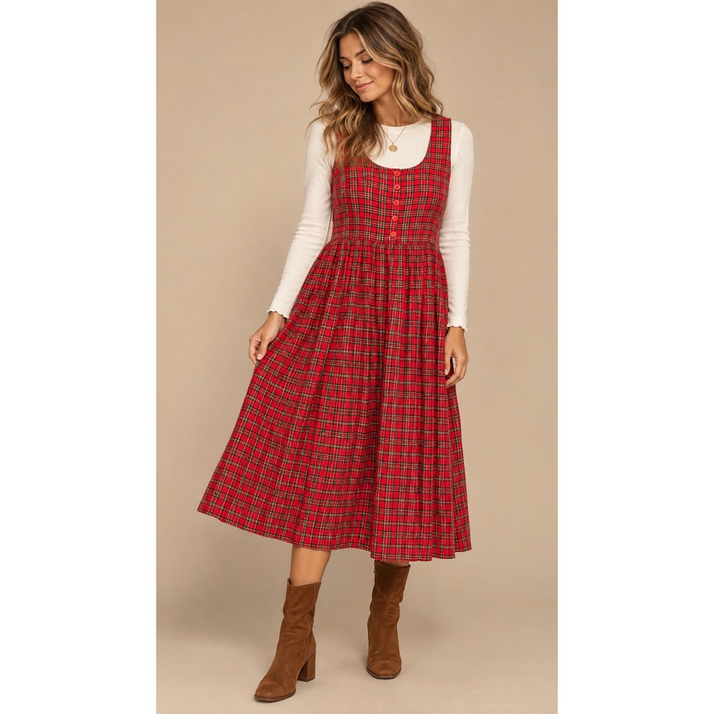 Vintage Bechamel Womens Dress L Red Plaid Rayon Button Front Sleeveless Pockets